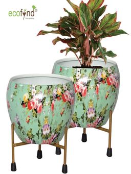Ecofynd - Lio Green Floral Metal Pot With Stand (Set Of 2)
