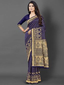 Akhilam - Women Silk Blend Navy Blue Celebrity Saree with Unstitched Blouse