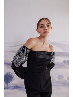 Orthodox - Black Off-Shoulder Satin Corset Pearl Cuffs-Top