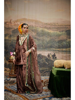 ITRH - Brown Makhmal Khayal Kurti with Sharara and Dupatta (Set of 3)