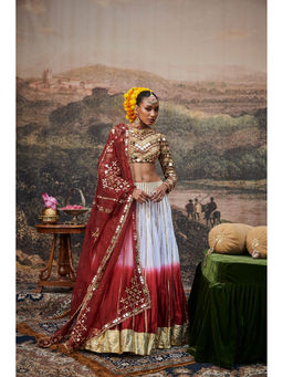 ITRH - Red and White Surkh Lehenga Blouse with Dupatta (Set of 3)