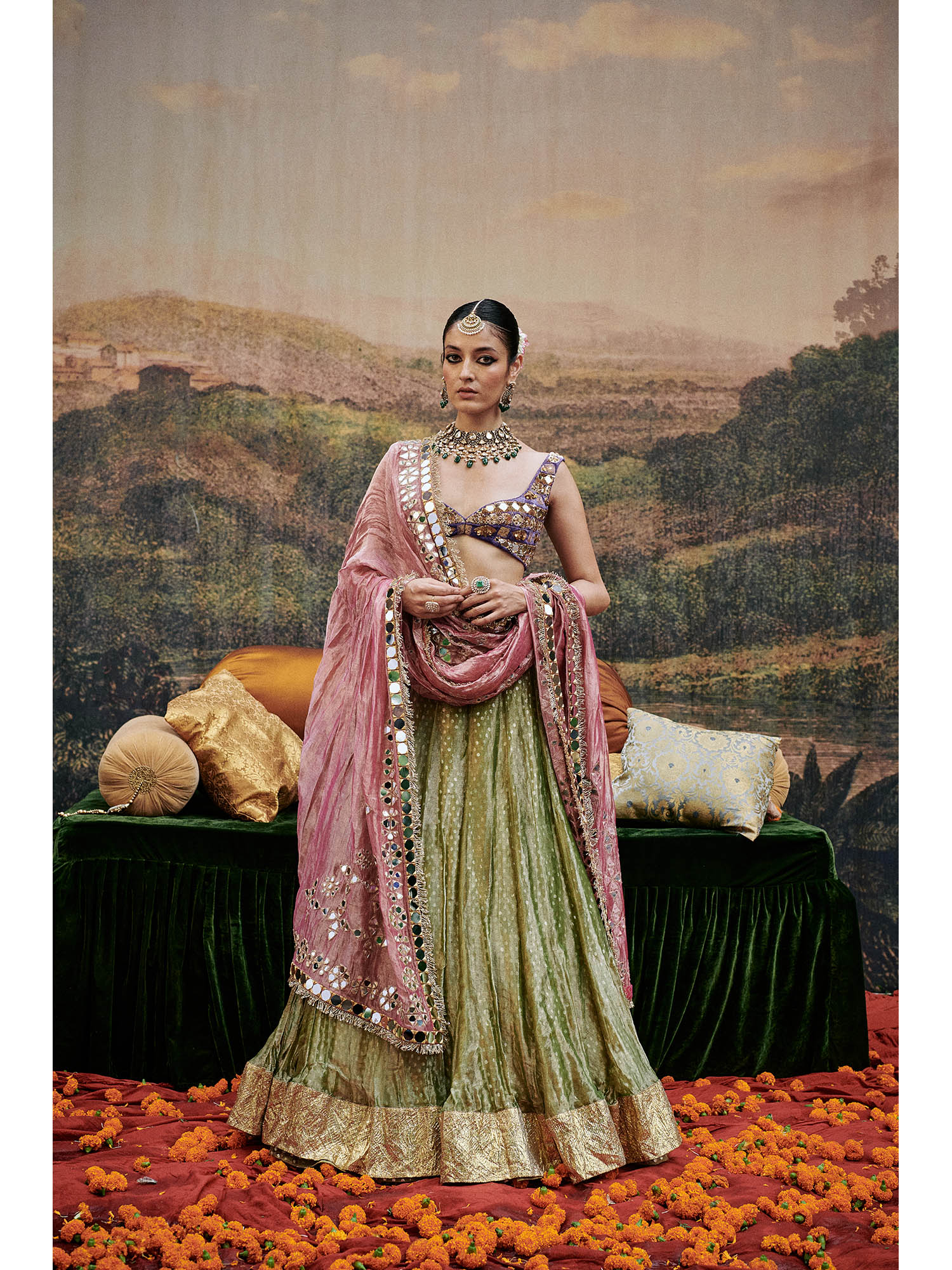 Green Azal Sheesh Lehenga with Blouse and Dupatta (Set of 3)-image-18
