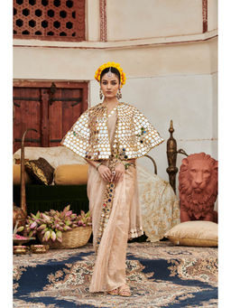 ITRH - Beige Mradul Aayna Saree with Stitched Blouse with Cape