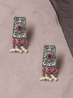 OOMPH - Oxidised Silver Look Alike Maroon Stone and Pearls Drop Earrings
