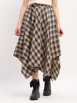 Global Republic - Brown Cotton Check Midi Asymmetric Flared Skirt