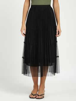 Global Republic - Black Polyester Blend Midi A-Line Skirt