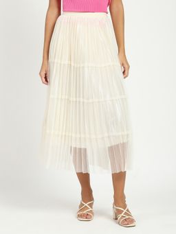 Global Republic - Cream Polyester Blend Midi A-Line Skirt