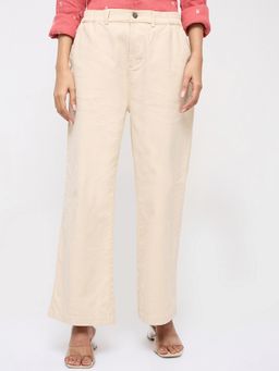 Spykar - Women Cream Solid Straight Fit Mid Rise Trouser