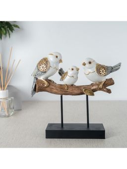 HomeTown - Miraya Bird Family on Branch, Polyresin Hand Finished Figurine White & Gold