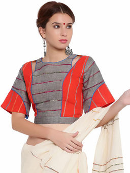 PRATHAA - Grey & Orange Khesh Box Sleeve Stitched Blouse