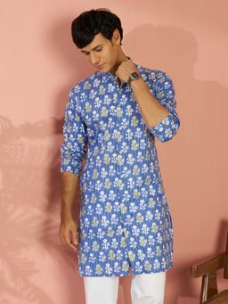 Vastramay - Aqua Floral Cotton Regular Kurta