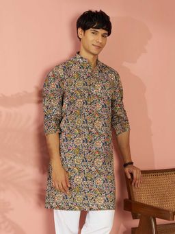 Vastramay - Navy Blue Floral Cotton Regular Kurta
