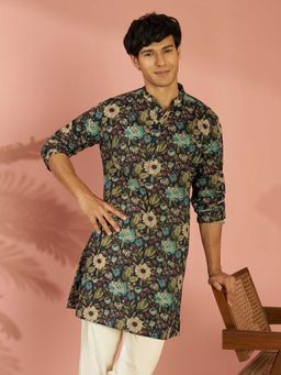 Vastramay - Black Floral Cotton Regular Kurta