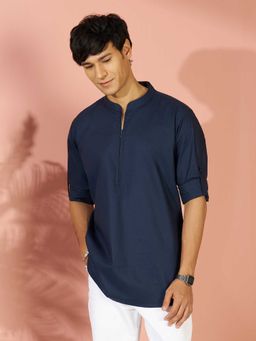 Vastramay - Navy Blue Solid Cotton Regular Kurta
