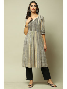 Biba - Womens Beige/black Printed Rayon Straight Kurta