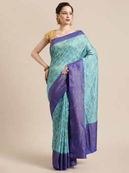 Banarasi Silk Works - Dupion Woven Saree Turquoise with Unstitched Blouse