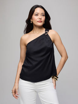 Twenty Dresses by Nykaa Fashion - Black Satin One Shoulder Gathered Buckle Detail Top