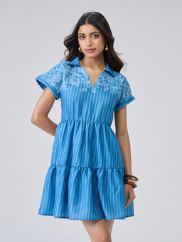 Twenty Dresses by Nykaa Fashion - Blue Floral Collared Fit Flare Mini Dress