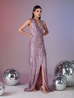 RSVP by Nykaa Fashion - Lavender Halter Neck Sequins Gown