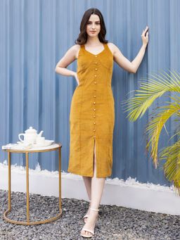 JULO - Mustard Charm Corduroy Midi Dress