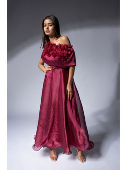 Weaving Cult - Maroon Shimmer Organza Maxi Dress with 3D Flower Detailing (Set of 2)