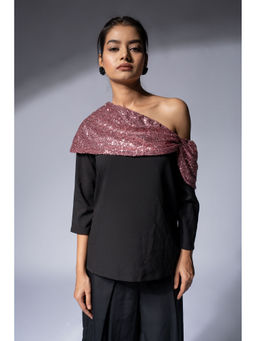 Weaving Cult - Black Draped Sequins Off-Shoulder Top