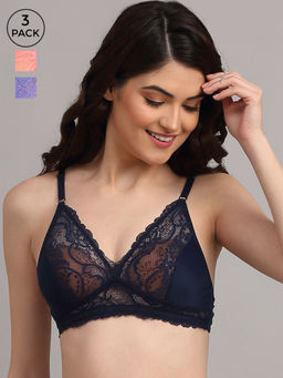 AOBA - Pink & Black Pack of 3 Non Padded Non Wired Everyday Lace Bra