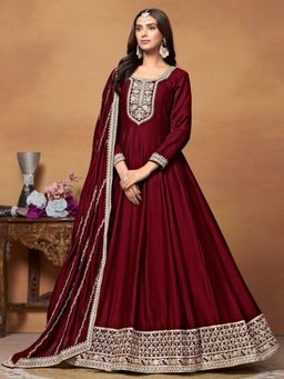 Odette - Maroon Embroidered Art Silk Unstitched Gown with Dupatta for Women (Set of 2)