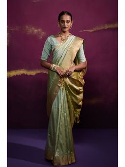Dressfolk - Green Silk Satin Saree with Wide Metallic Border without Blouse