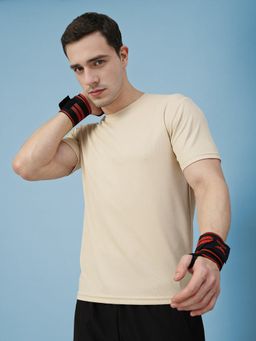 CHKOKKO - Men Beige Polyester Solid Regular Fit T-Shirt