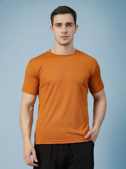 CHKOKKO - Men Rust Polyester Solid Regular Fit T-Shirt
