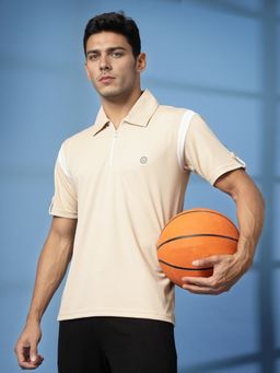 CHKOKKO - Men Beige Polyester Solid Regular Fit Polo T-Shirt