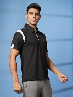 CHKOKKO - Men Black Polyester Solid Regular Fit Polo T-Shirt