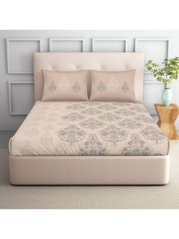 SPACES - Aurum 132 Tc Polycotton Ornate Print Double Bedsheet With 2 Pillow Covers Beige