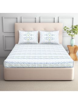 SPACES - Aurum 132 Tc Polycotton Ornate Print Double Bedsheet With 2 Pillow Covers Blue