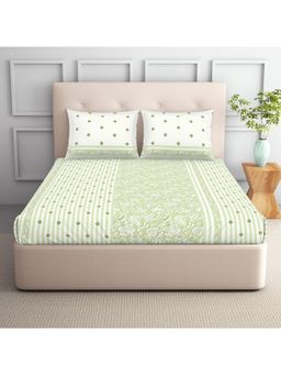 SPACES - Aurum 132 Tc Polycotton Ornate Print Double Bedsheet With 2 Pillow Covers Green