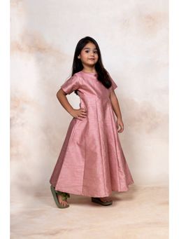 Ahalyaa Kids - Pink Poly Silk Gold Print Girl's Kurta