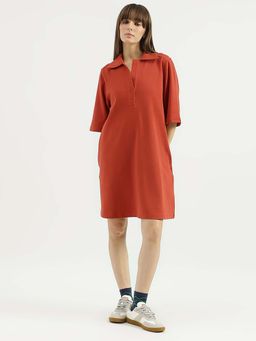 United Colors of Benetton - Rust Johny Collar Solid A-Line Knee Length Dress