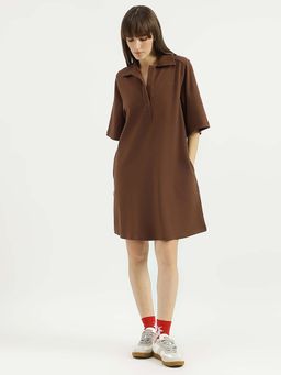 United Colors of Benetton - Brown Johny Collar Solid A-Line Knee Length Dress