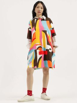 United Colors of Benetton - Multi-Color Shirt Collar Printed Knee Length Dress