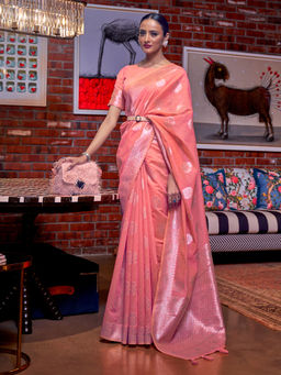 Odette - Festive Pink Linen Blend Woven Saree with Unstitched Blouse