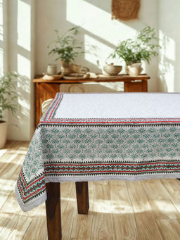 Design Gaatha - 6 Seater Hand Block Printed Off White, Grey & Pink Cotton Table Cloth