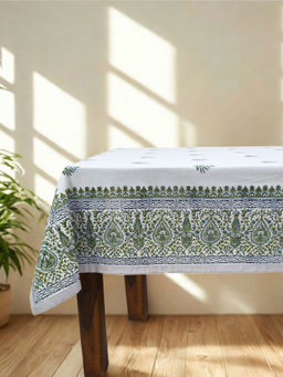 Design Gaatha - 6 Seater Hand Block Printed Off White, Blue & Green Cotton Table Cloth