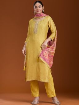 Koskii - Mustard Embellished Round Neck Three Fourth Sleeves Kurta Pant & Dupatta