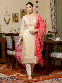 Koskii - Beige Embroidered Round Neck Three Fourth Sleeves Kurta Pant & Dupatta