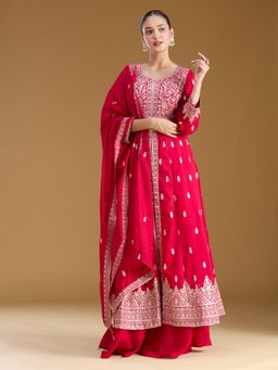 Koskii - Pink Embroidered Round Neck Three Fourth Sleeves Kurta Palazzo & Dupatta