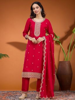 Koskii - Red Embroidered Round Neck Three Fourth Sleeves Kurta Pant & Dupatta