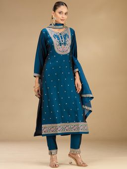 Koskii - Teal Embroidered Round Neck Three Fourth Sleeves Kurta Pant & Dupatta