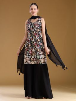 Koskii - Black Embroidered Round Neck Sleeveless Kurti Palazzo & Dupatta