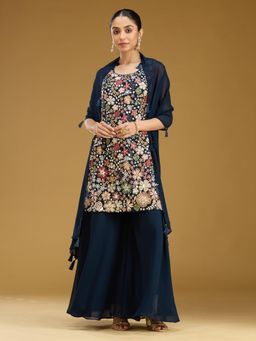 Koskii - Navy Blue Embroidered Round Neck Sleeveless Kurti Palazzo & Dupatta